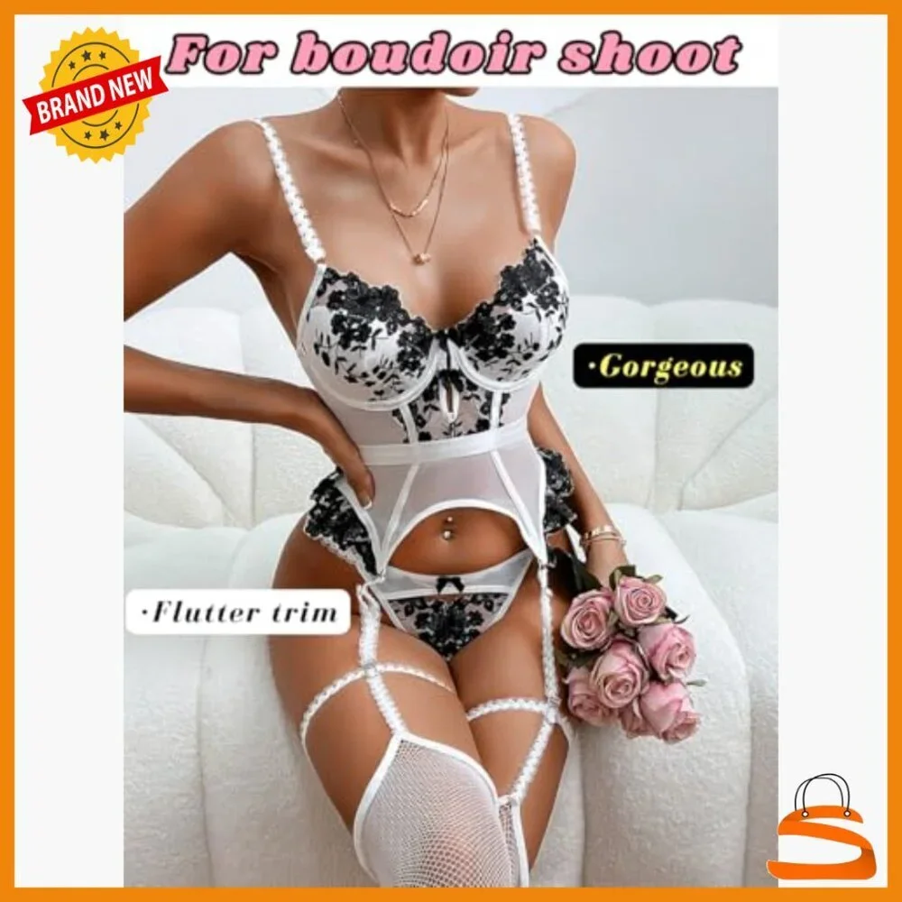 Large Lace Lingerie Set with Garter Stockings, Adjustable Straps, Underwire